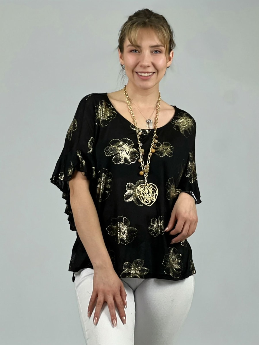 Polera Algodón Estampado Flor Con Brillos A1-364