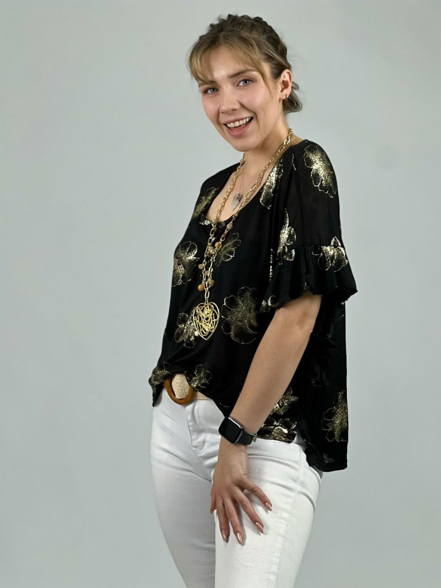 Polera Algodón Estampado Flor Con Brillos A1-366