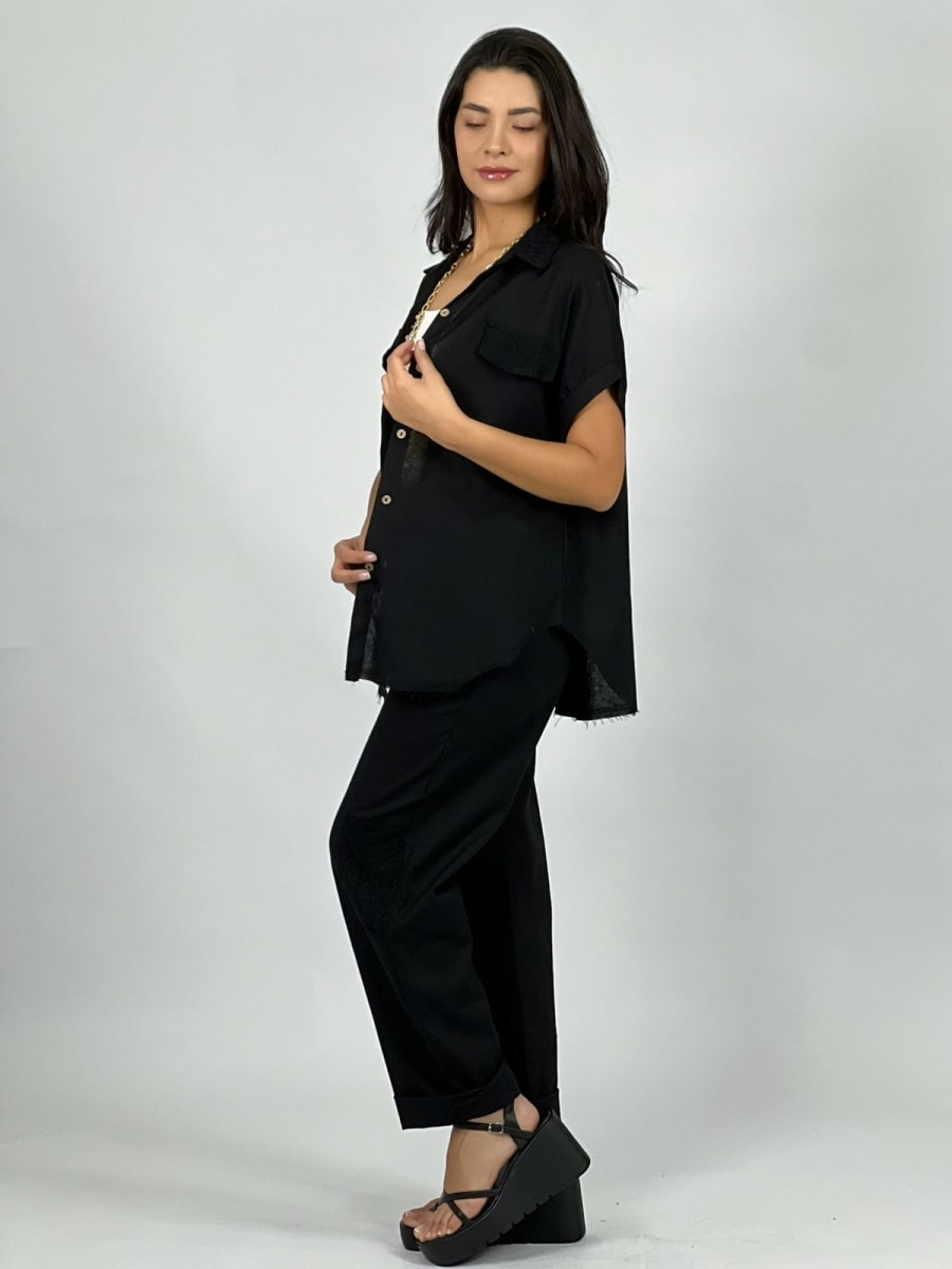 Blusa Lino con Encaje Cuello y Bolsillos A2-59/622