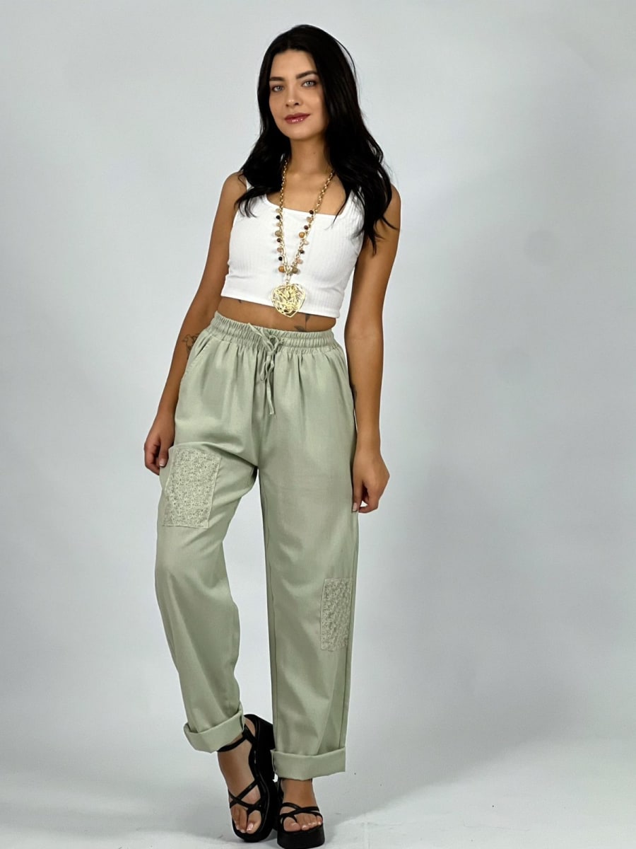 Pantalón de Lino Margaritas en Rodilla A2-57/616