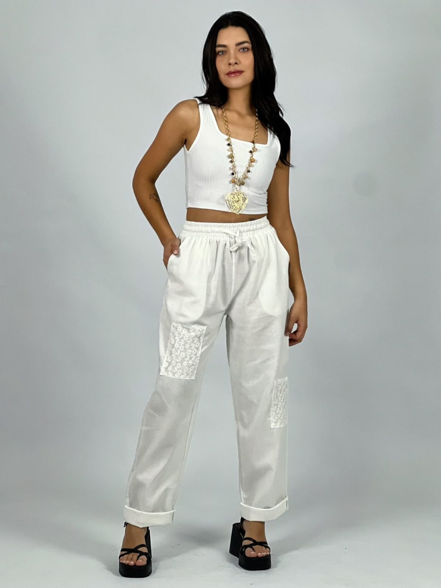 Pantalón de Lino Margaritas en Rodilla A2-57/6110