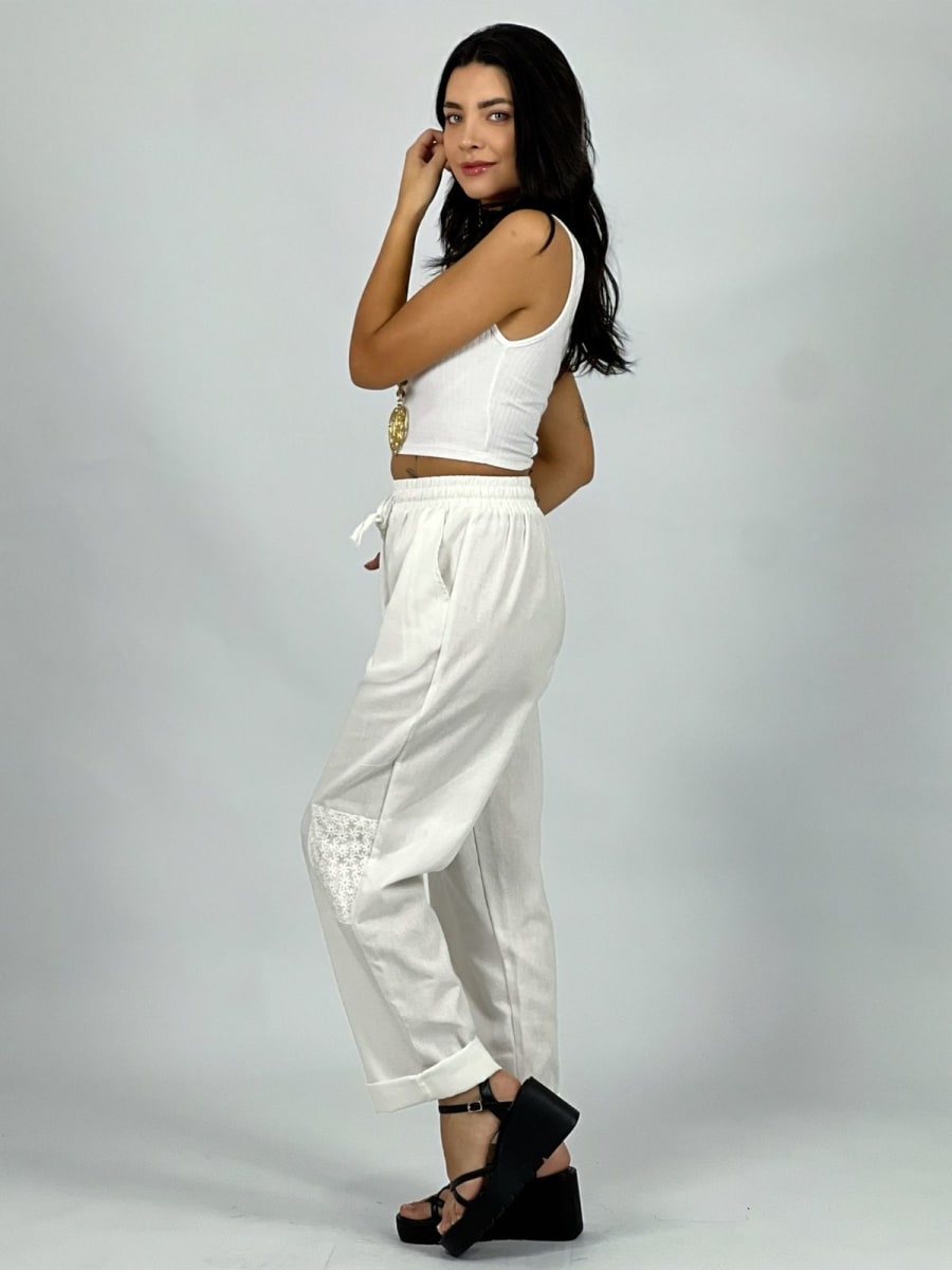 Pantalón de Lino Margaritas en Rodilla A2-57/6111