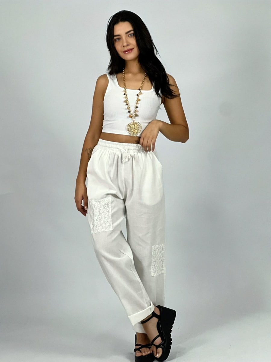 Pantalón de Lino Margaritas en Rodilla A2-57/619
