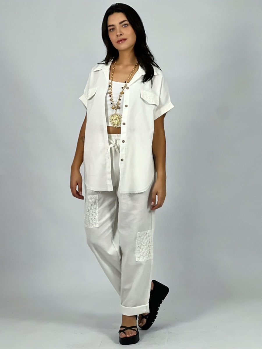 Blusa Lino con Encaje Cuello y Bolsillos A2-59/6211