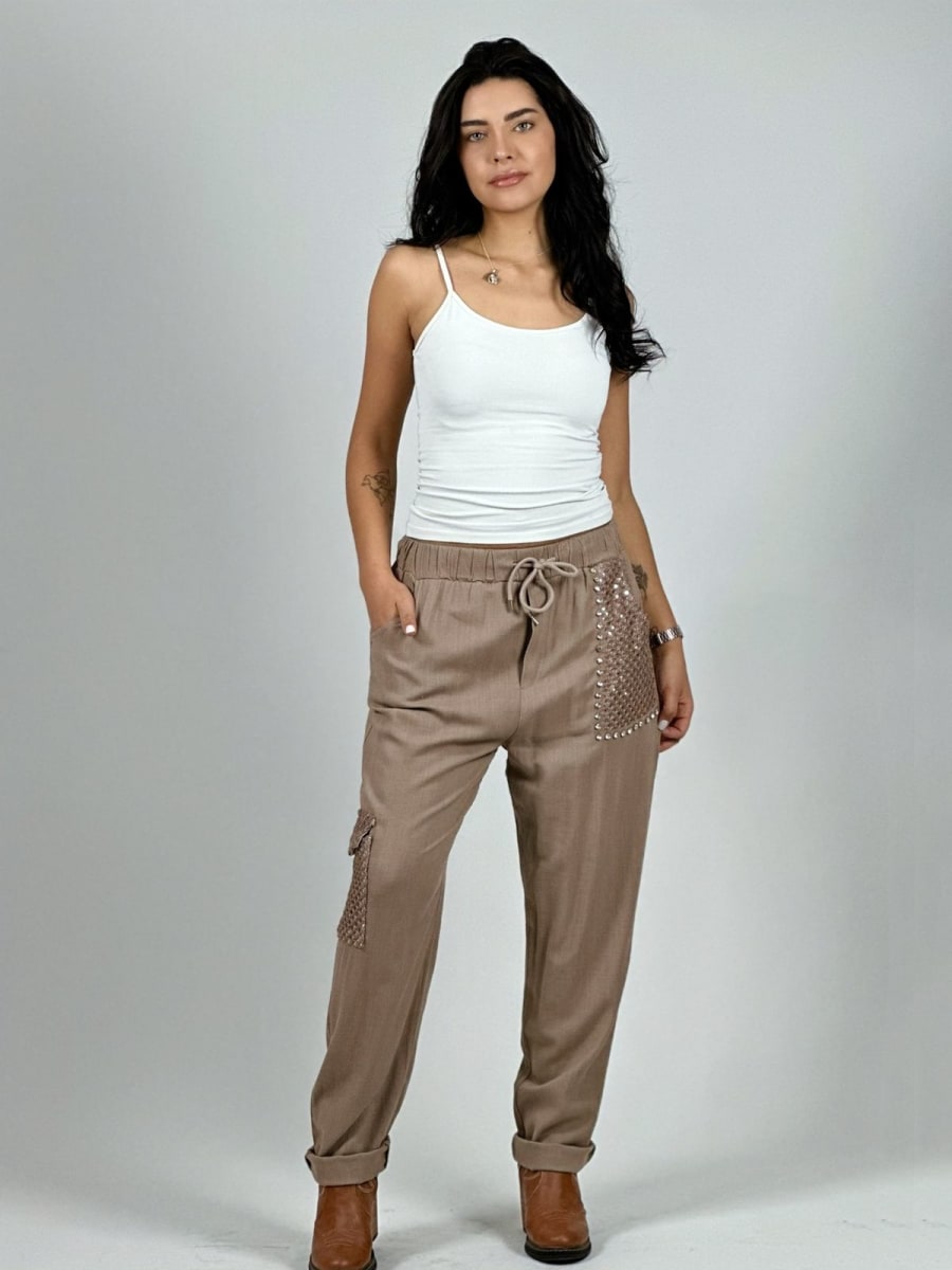Jogger Lino Con Bolsillo Cargo Tejido Hilo A1-1411