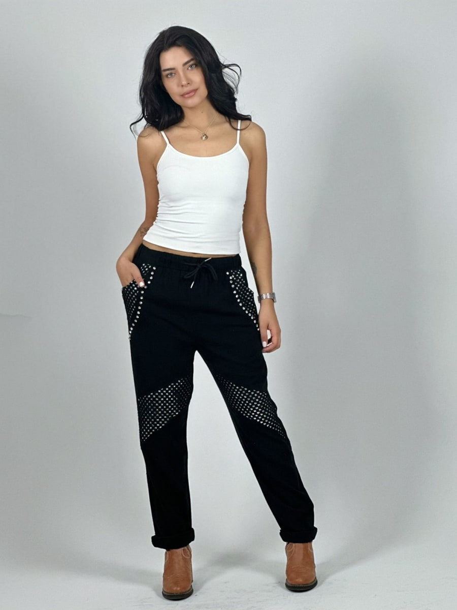Jogger Lino Con Bolsillo y Lineas Cruzada Tejido Hilo A1-271