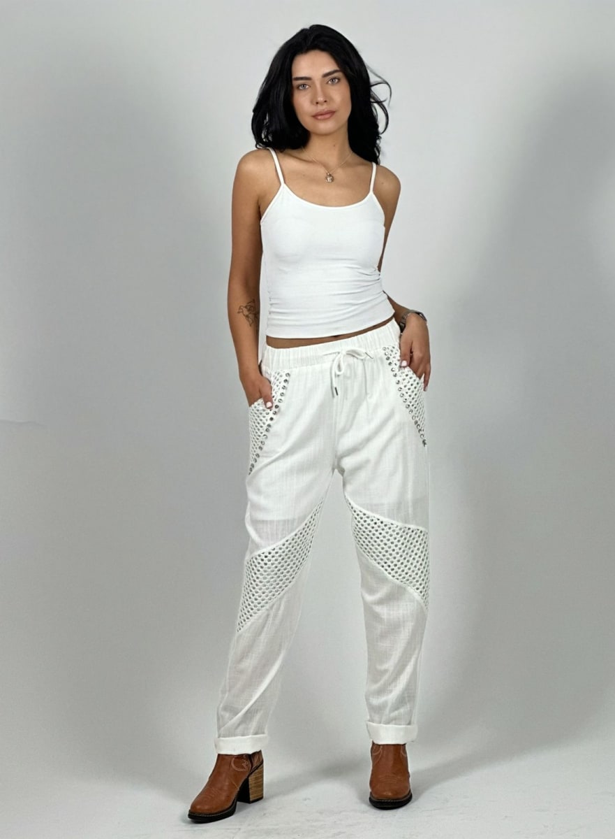 Jogger Lino Con Bolsillo y Lineas Cruzada Tejido Hilo A1-274