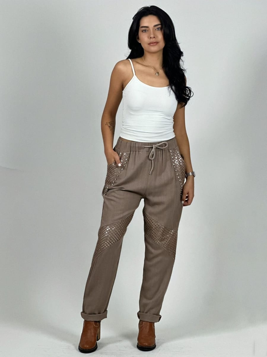 Jogger Lino Con Bolsillo y Lineas Cruzada Tejido Hilo A1-278