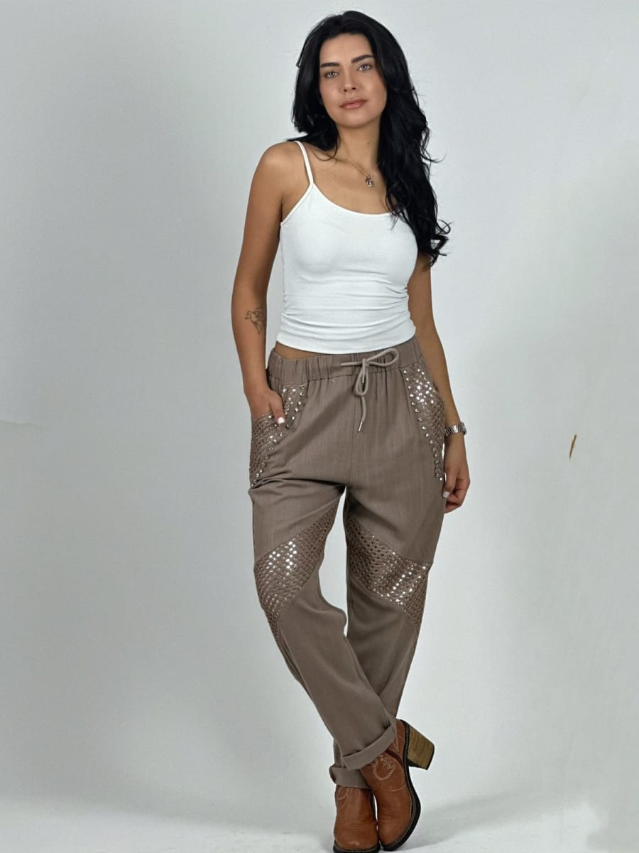 Jogger Lino Con Bolsillo y Lineas Cruzada Tejido Hilo A1-277