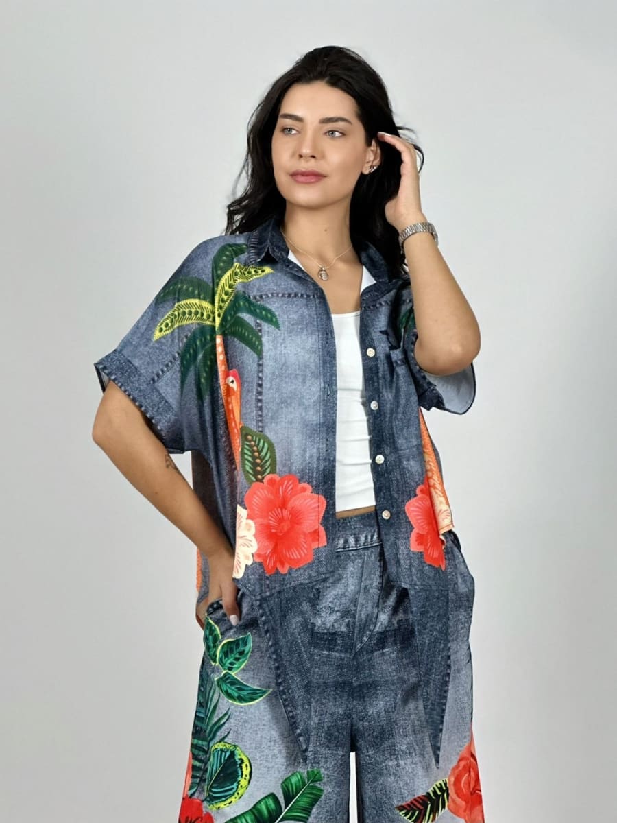 Blusa Viscosa Amarrada Palmeras con Guacamayos A1-205