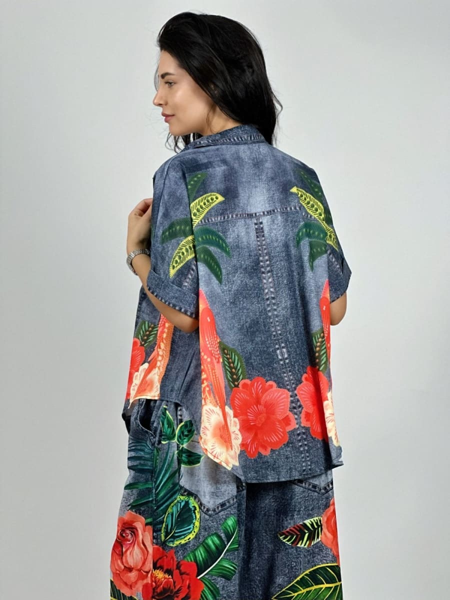 Blusa Viscosa Amarrada Palmeras con Guacamayos A1-207