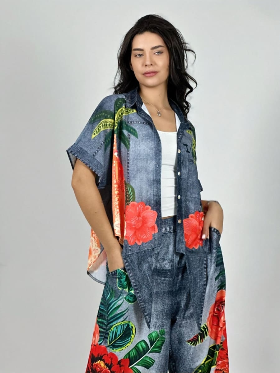 Blusa Viscosa Amarrada Palmeras con Guacamayos A1-206