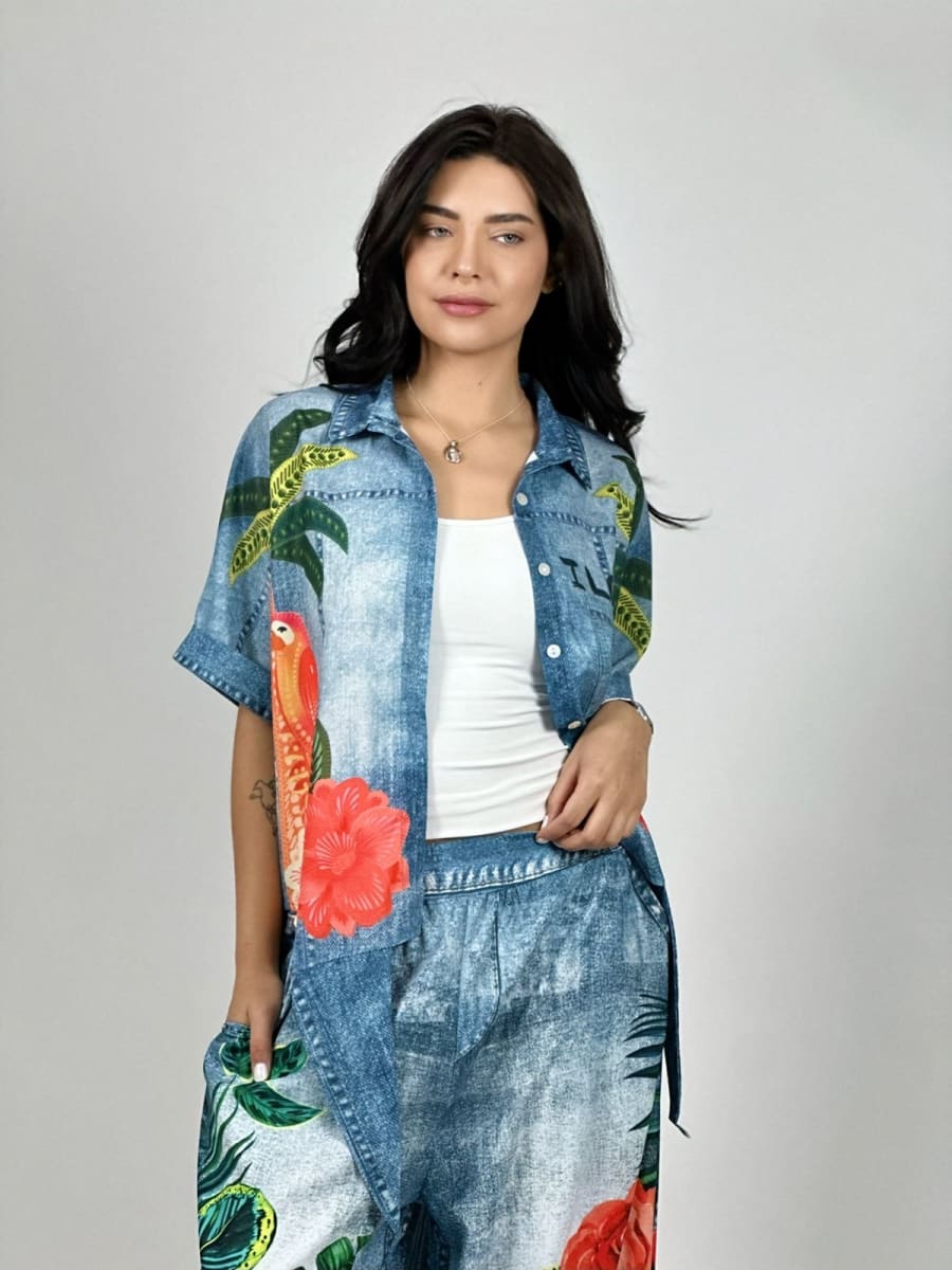 Blusa Viscosa Amarrada Palmeras con Guacamayos A1-201