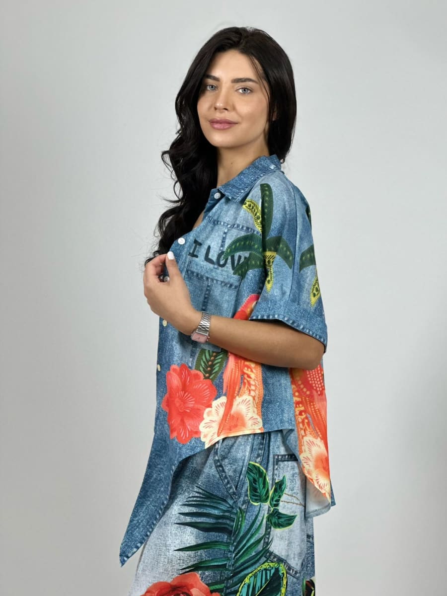 Blusa Viscosa Amarrada Palmeras con Guacamayos A1-203
