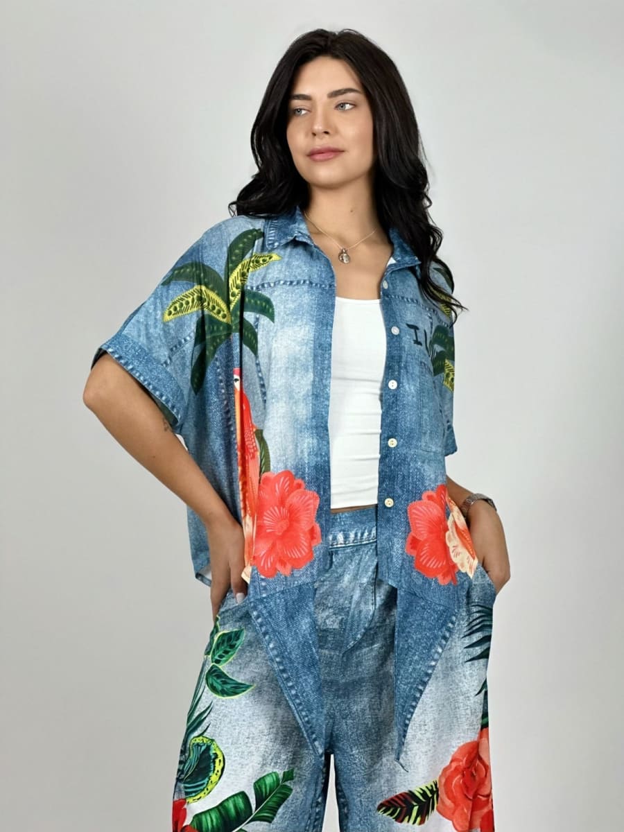 Blusa Viscosa Amarrada Palmeras con Guacamayos A1-202