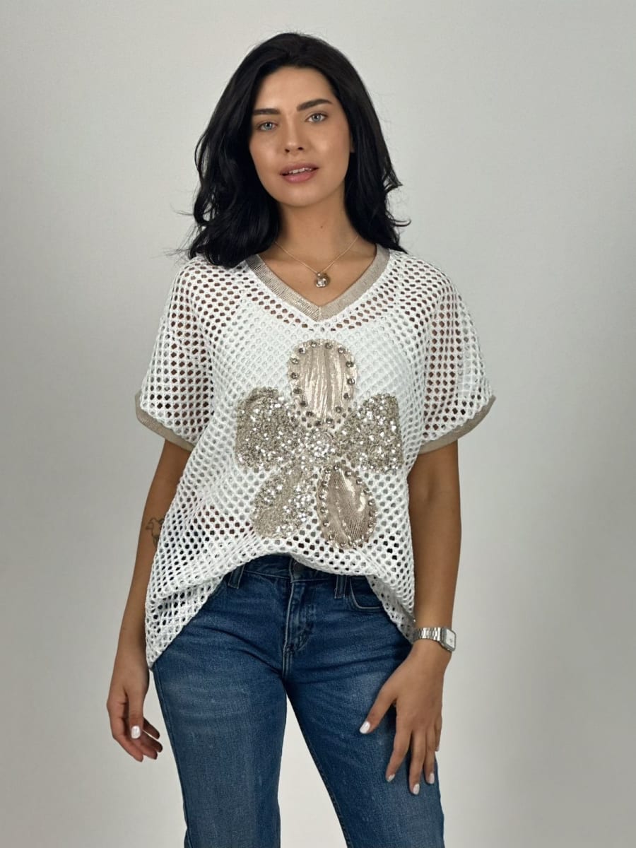 Polera Hilo Con Flor Grande Lentejuelas A1-161