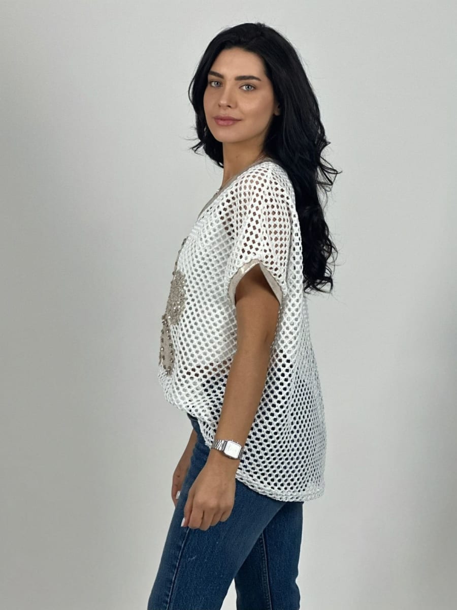 Polera Hilo Con Flor Grande Lentejuelas A1-162