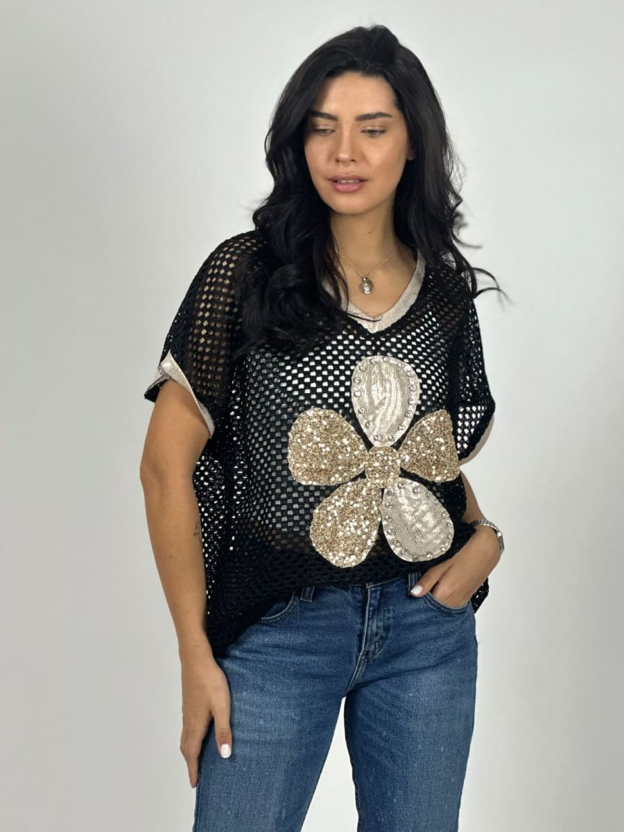 Polera Hilo Con Flor Grande Lentejuelas A1-164