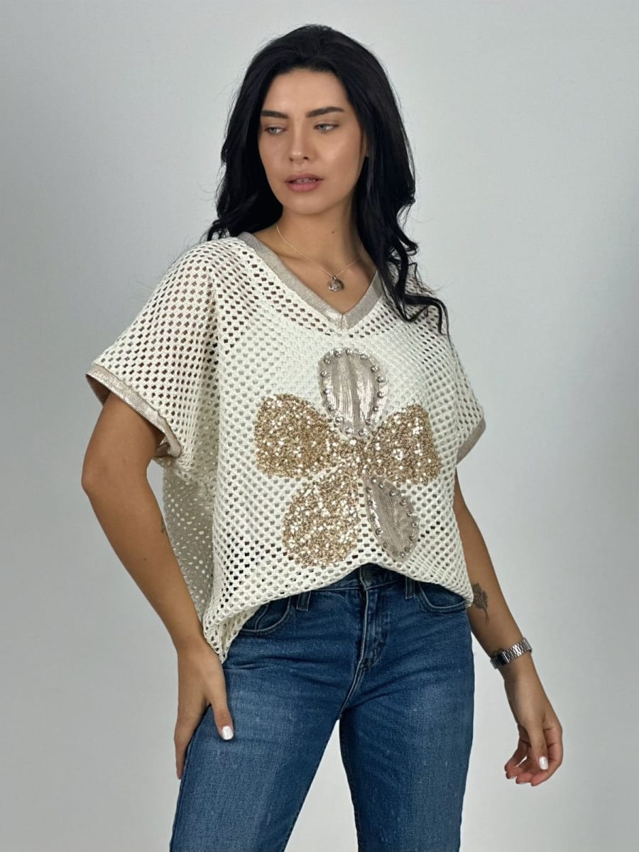 Polera Hilo Con Flor Grande Lentejuelas A1-167