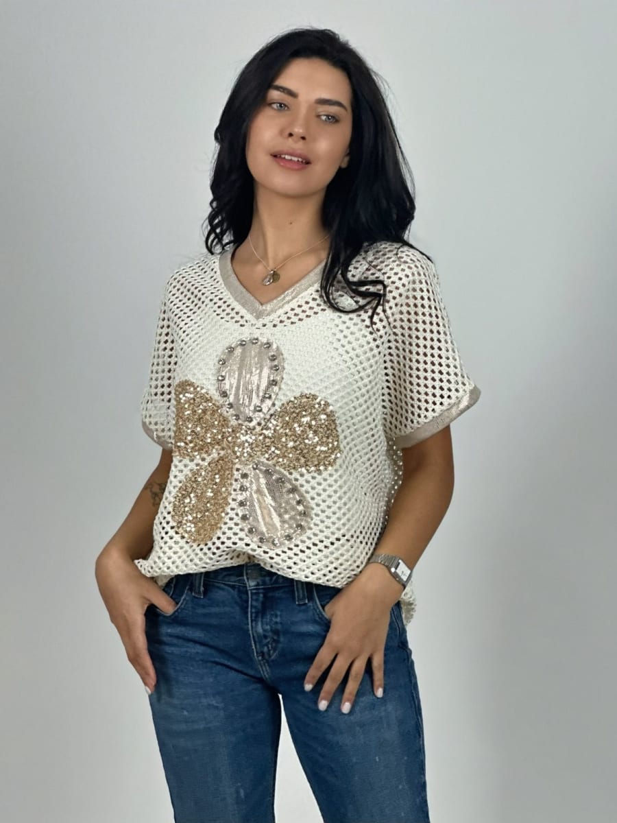 Polera Hilo Con Flor Grande Lentejuelas A1-168