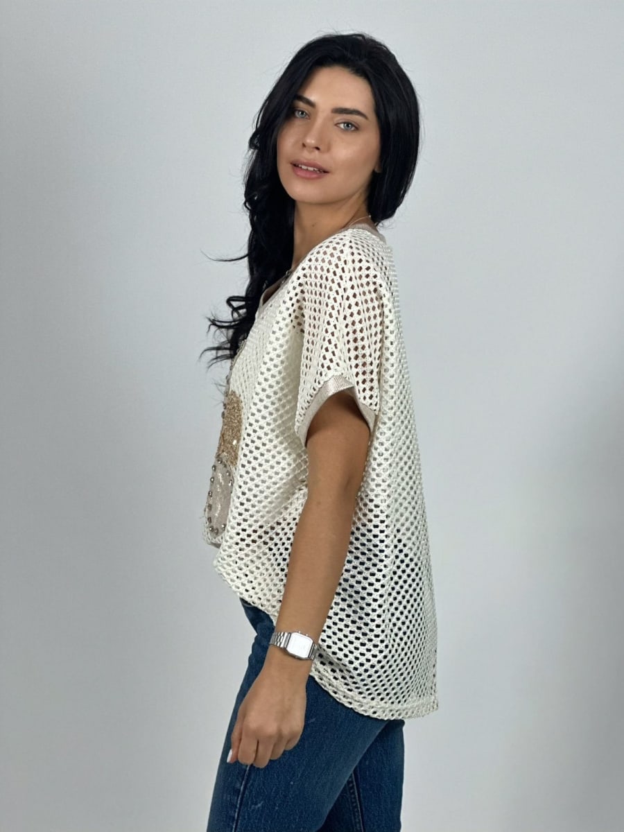 Polera Hilo Con Flor Grande Lentejuelas A1-169