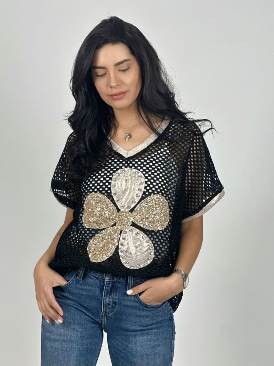 Polera Hilo Con Flor Grande Lentejuelas A1-165