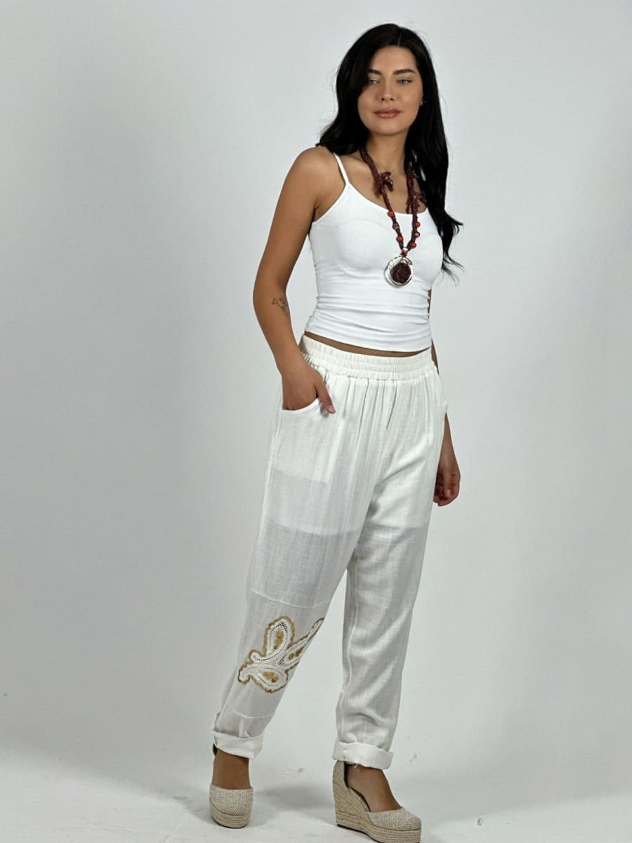 Pantalon Lino Diseño Broderi con Brillos A1-235