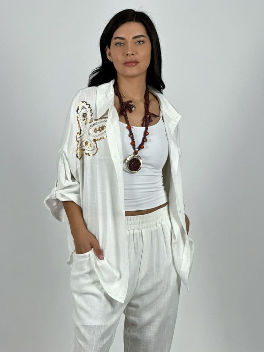 Blusa Lino Diseño Broderi con Brillos A1-235