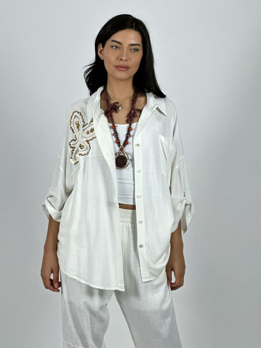 Blusa Lino Diseño Broderi con Brillos A1-234