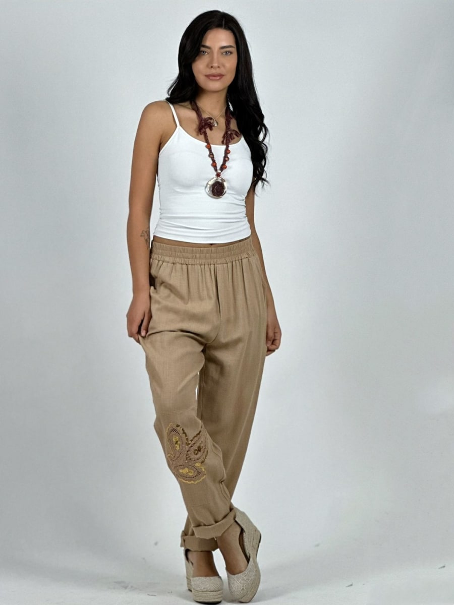 Pantalon Lino Diseño Broderi con Brillos A1-237