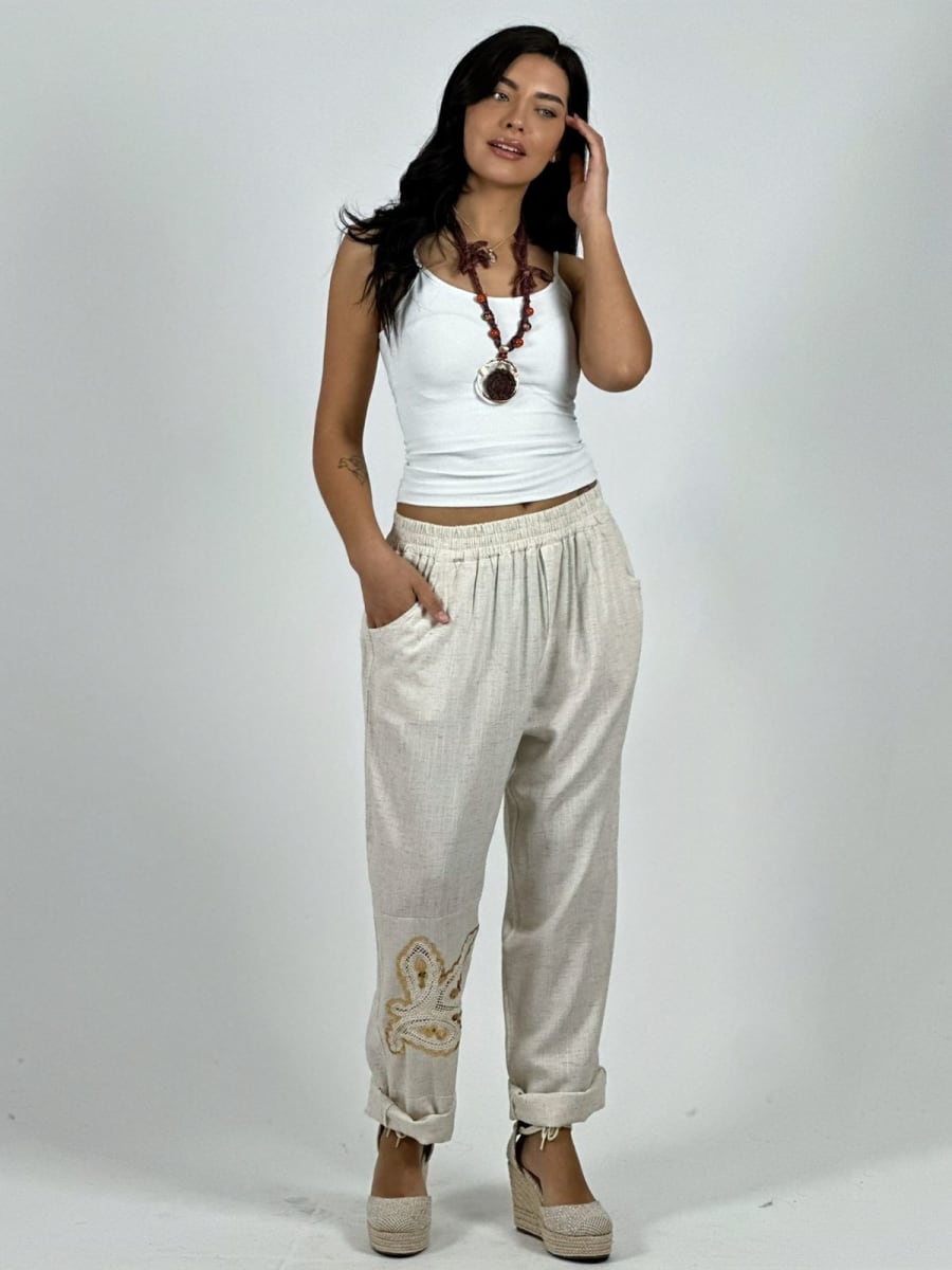 Pantalon Lino Diseño Broderi con Brillos A1-2311
