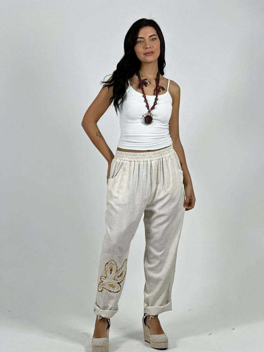 Pantalon Lino Diseño Broderi con Brillos A1-2310