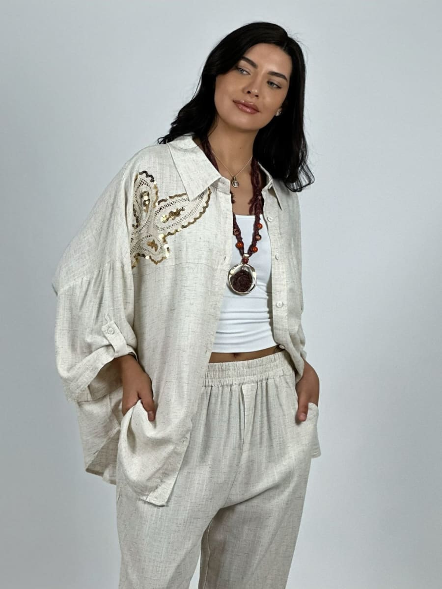 Blusa Lino Diseño Broderi con Brillos A1-2311