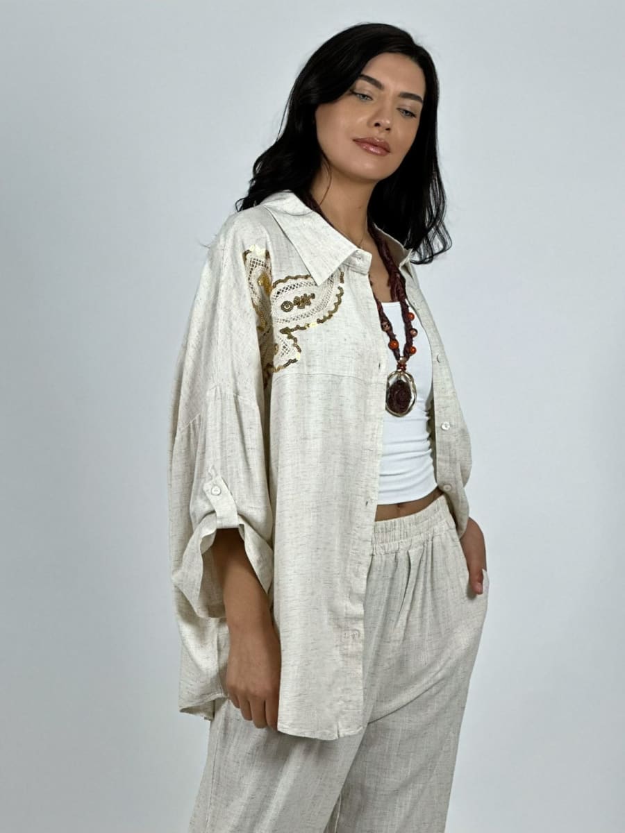 Blusa Lino Diseño Broderi con Brillos A1-2312