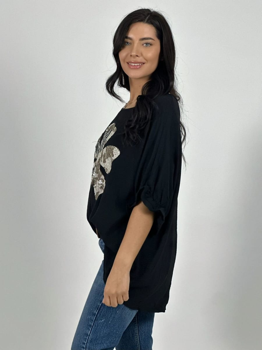 Polera Crepe Flor de Lentejuelas A1-388