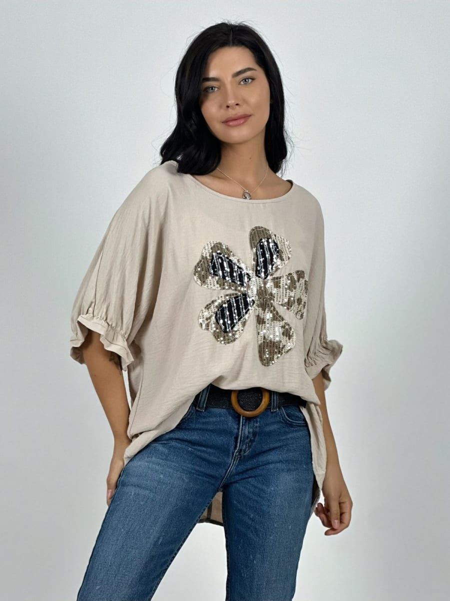 Polera Crepe Flor de Lentejuelas A1-3810