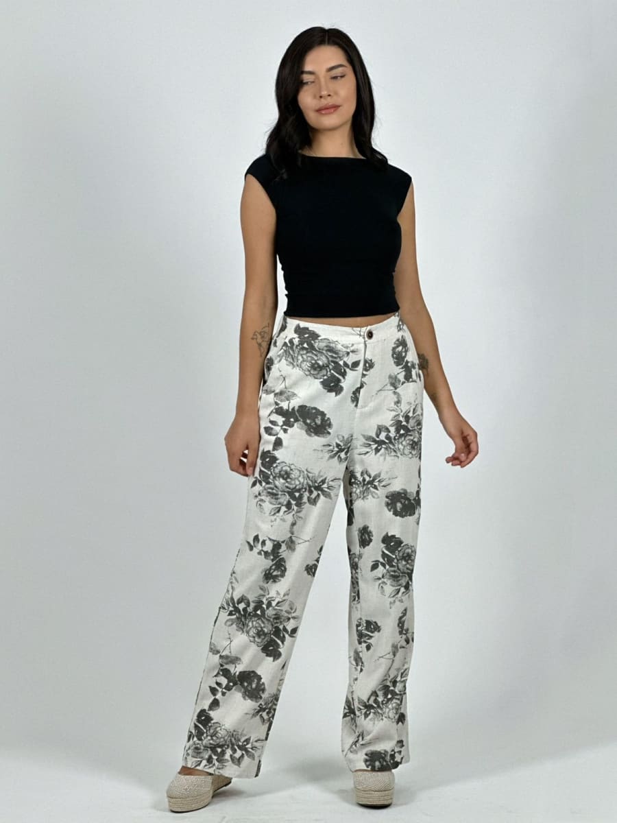 Pantalon Casual Italiano Lino Estampado Rosas A4-862
