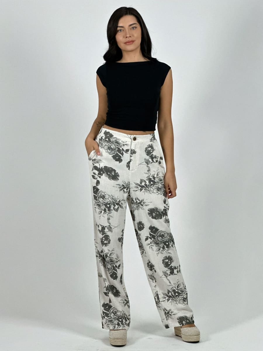 Pantalon Casual Italiano Lino Estampado Rosas A4-861