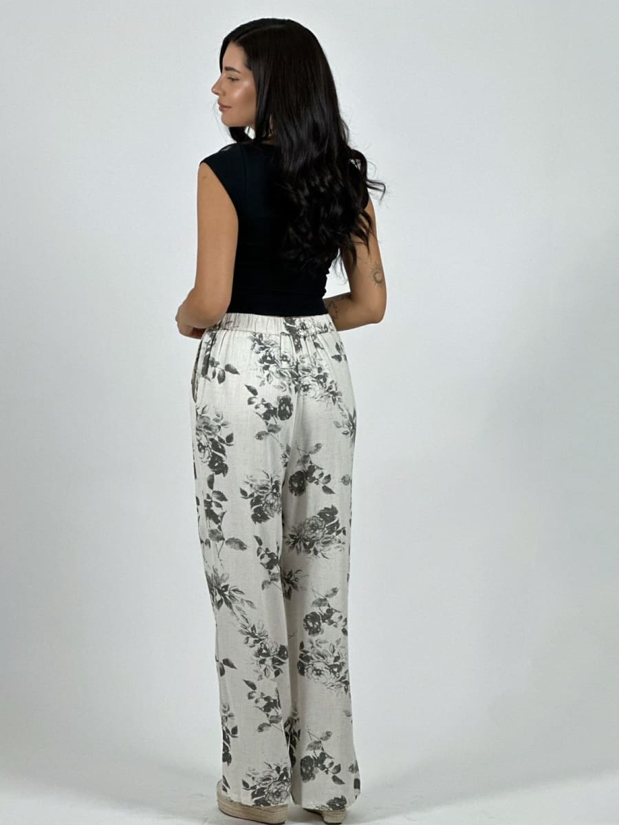 Pantalon Casual Italiano Lino Estampado Rosas A4-863