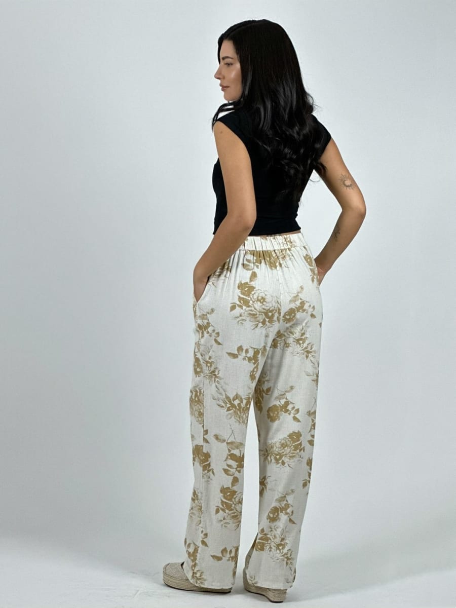 Pantalon Casual Italiano Lino Estampado Rosas A4-866