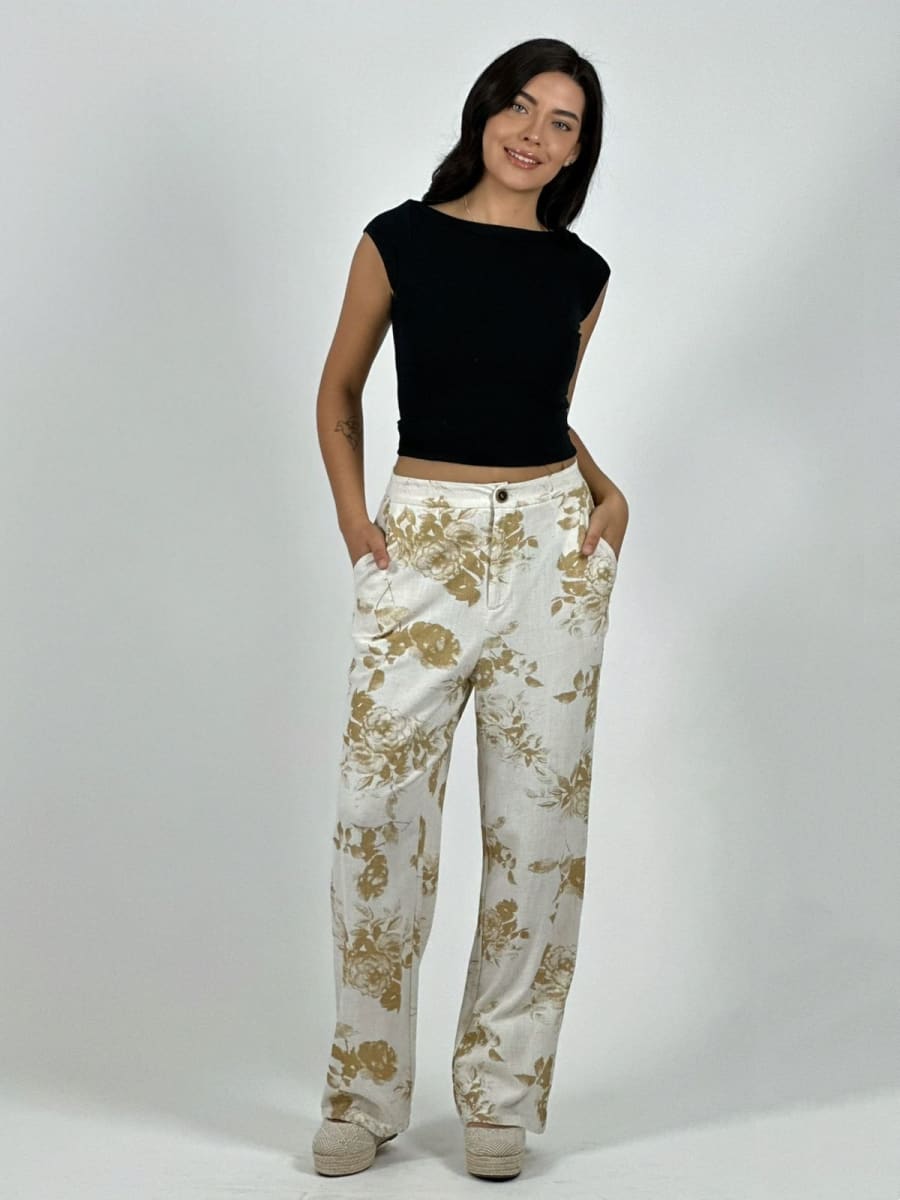 Pantalon Casual Italiano Lino Estampado Rosas A4-865