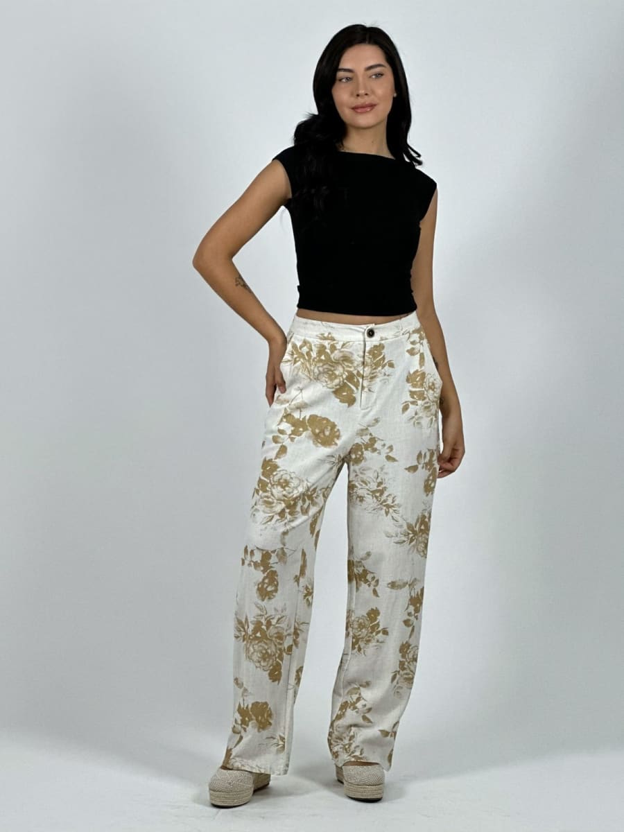 Pantalon Casual Italiano Lino Estampado Rosas A4-864