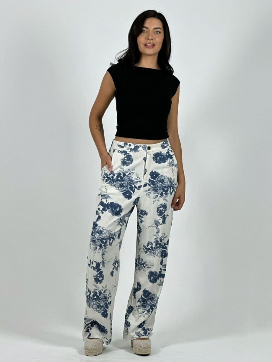 Pantalon Casual Italiano Lino Estampado Rosas A4-867