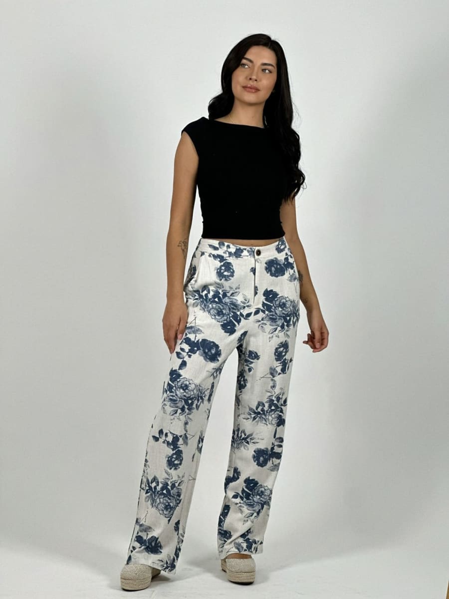 Pantalon Casual Italiano Lino Estampado Rosas A4-868