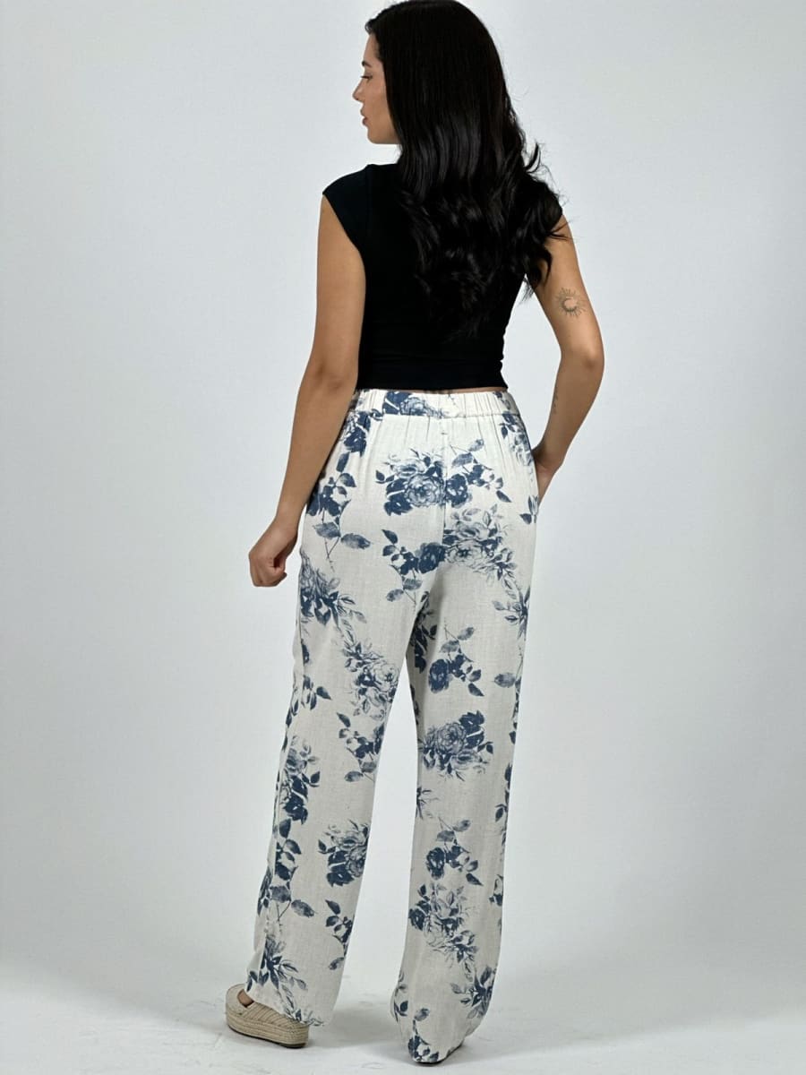 Pantalon Casual Italiano Lino Estampado Rosas A4-869