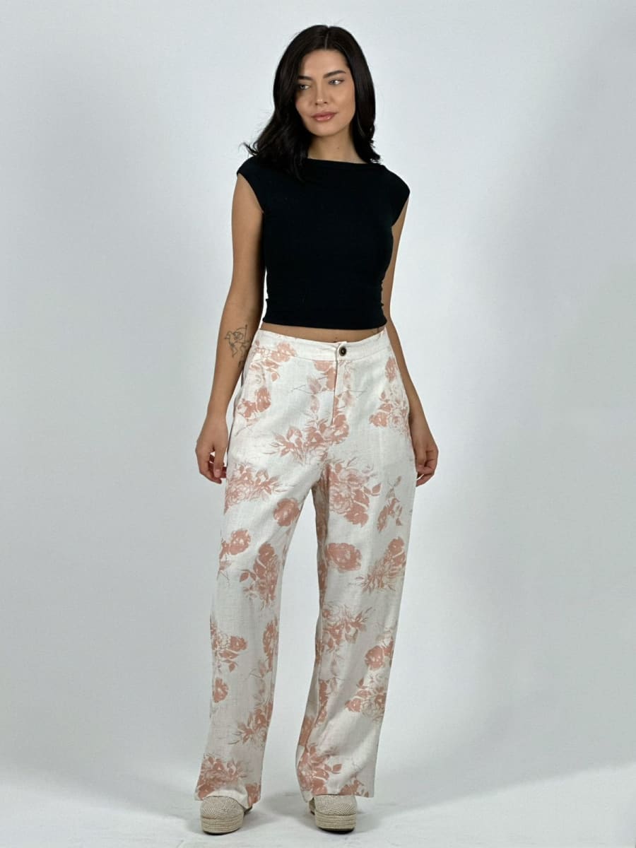 Pantalon Casual Italiano Lino Estampado Rosas A4-8610