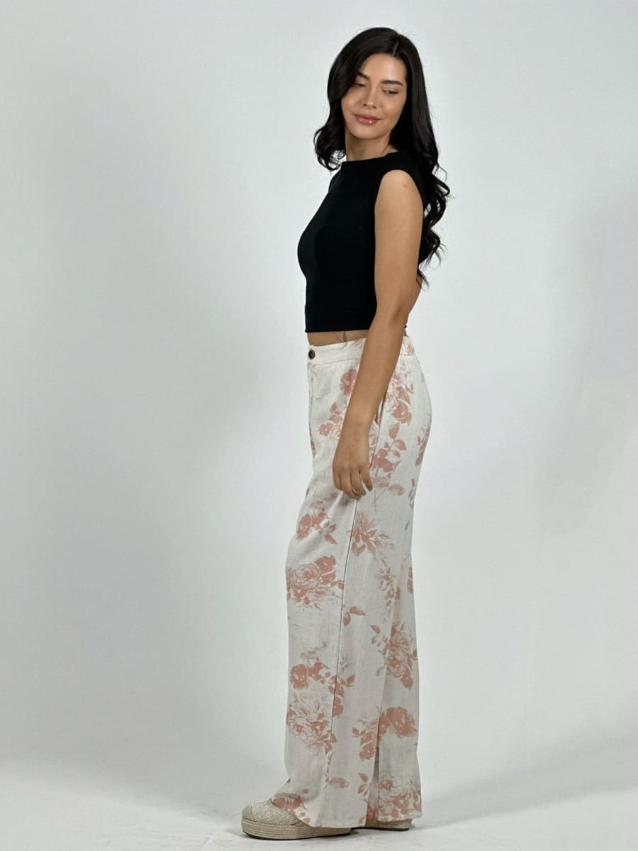 Pantalon Casual Italiano Lino Estampado Rosas A4-8611