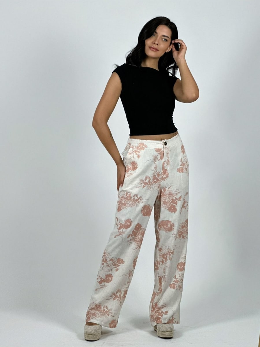 Pantalon Casual Italiano Lino Estampado Rosas A4-8612