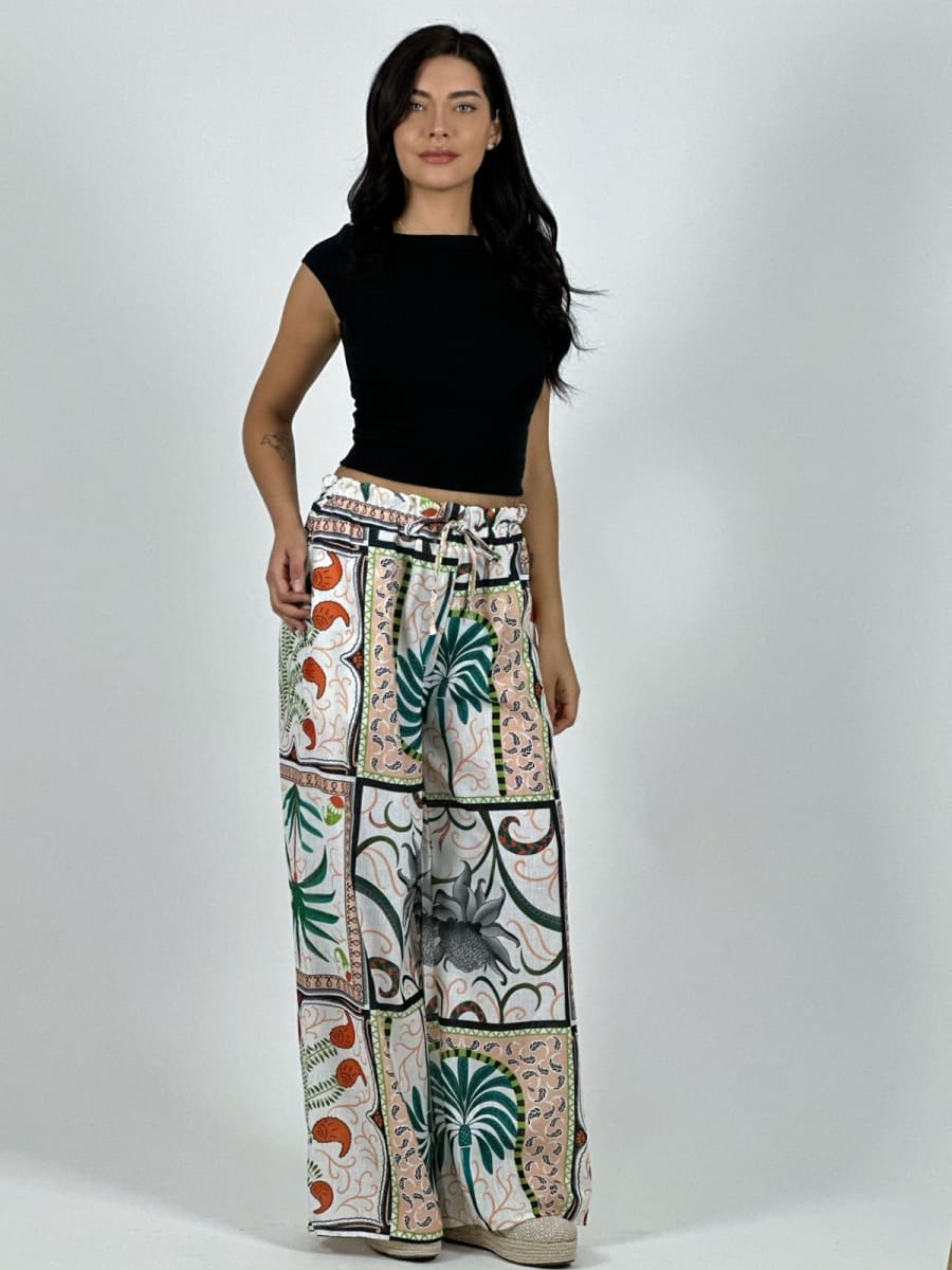 Palazo Italiano Lino Estampado Palmera y Lirios A1-182