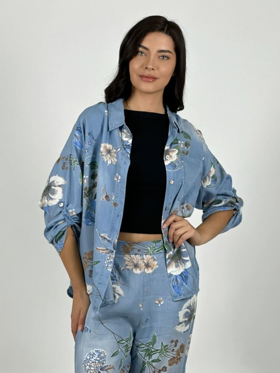 Camisa Italiano Lino Casual Estampado Floral A1-225